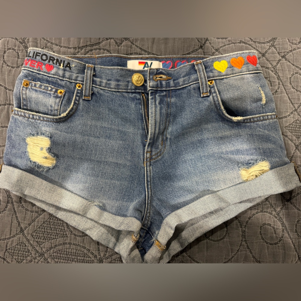Aviator Nation Blue Denim Shorts with Heart Accents